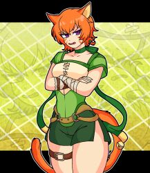 1girl activeajames animal_ears bell belt cat_ears cat_girl cat_tail choker crossed_arms facial_mark fang fire_emblem fire_emblem:_path_of_radiance fire_emblem:_radiant_dawn green_choker green_shorts highres laguz_(fire_emblem) lethe_(fire_emblem) nintendo o-ring o-ring_belt open_mouth orange_hair orange_tail purple_eyes shorts side_slit side_slit_shorts solo standing tail thick_thighs thigh_belt thigh_strap thighs whisker_markings wrist_wrap