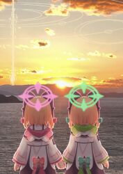 2girls absurdres animal_ear_headphones animal_ear_hood animal_ears arms_at_sides backlighting black_jacket black_tail blonde_hair blue_archive bow cat_ear_headphones cat_ears cat_tail cloud commentary_request evening facing_away fake_animal_ears fake_tail from_behind green_bow green_halo green_hood green_jacket hair_bow halo headphones highres holding_hands hood hood_down hooded_jacket jacket long_sleeves medium_hair midori_(blue_archive) momoi_(blue_archive) mountainous_horizon multicolored_jacket multiple_girls onrataon photo_background pink_bow pink_halo pink_hood pink_jacket school_uniform shirt siblings sisters sky sun sunset suspenders tail tail_bow tail_ornament twins upper_body water white_jacket white_shirt wide_sleeves yellow_sky