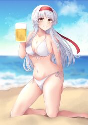 Rule 34 | 1girl, alcohol, beach, beer, beer mug, bikini, blue sky, breasts, brown hair, cloud, commentary request, commission, cup, day, front-tie bikini top, front-tie top, grin, hairband, highres, horizon, kantai collection, kneeling, large breasts, long hair, mug, nagi kantai114, ocean, outdoors, red hairband, shoukaku (kancolle), side-tie bikini bottom, skeb commission, sky, smile, solo, swimsuit, white bikini, white hair