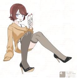 1girl black_shoes blue_eyes bra_strap brown_hair brown_sweater brown_thighhighs chikuwa_fan973 closed_mouth crepe food full_body garter_straps high_heels highres holding holding_crepe holding_food long_sleeves looking_at_viewer original shoes short_hair smile solo sweater thighhighs tongue tongue_out
