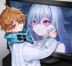 1boy blue_eyes blue_shoes brown_hair crossed_bangs genshin_impact girl_drying_tv_tears_(meme) highres holding_cloth looking_at_viewer looking_back meme pink_eyes pottsness shoes skirk_(genshin_impact) sweater tartaglia_(genshin_impact) television trembling white_hair white_sweater wiping