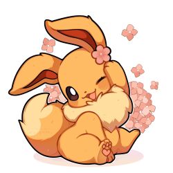 Rule 34 | absurdres, animal focus, blush, bright pupils, brown eyes, commentary, eevee, english commentary, flower, gen 1 pokemon, happy, highres, nintendo, no humans, one eye closed, open mouth, pawpads, pink flower, pokemon, pokemon (creature), sevi (seviyummy), simple background, sitting, smile, white background, white pupils