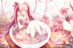 1girl absurdly_long_hair bird cherry_blossoms closed_eyes cup dress female_focus flower food hair_flower hair_ornament hatsune_miku in_food long_hair mini_person minigirl partially_submerged phino pink_hair sakura_miku sitting solo strapless strapless_dress tea teacup twintails very_long_hair vocaloid