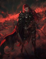 1girl absurdres aqua_eyes armor arowana2111 belt black_bodysuit blood blood_on_face bodysuit breastplate breasts cape commentary covered_navel earrings english_commentary gauntlets greaves highres holding holding_sword holding_weapon jewelry long_hair looking_at_viewer original pauldrons red_hair red_lips shoulder_armor smile solo sword weapon