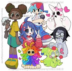 3boys 3girls :d afro_puffs ahoge amanda_(amanda_the_adventurer) amanda_the_adventurer arm_at_side backwards_hat banbaleena baseball_cap black_eyes black_hair black_mouth blood bloody_knife blue_hair blue_pants blush_stickers bow boyfriend_(friday_night_funkin&#039;) brown_hair candy character_doll character_request closed_mouth colored_skin commentary_request copyright_request crazy_mita_(miside) creepypasta cropped_torso crossover dark-skinned_female dark_skin doll double_bun fewer_digits food friday_night_funkin&#039; full_body furry furry_male garten_of_banban green_shorts green_skin grin hair_bun hair_ornament hairband hand_up happy_tree_friends hat heart holding holding_candy holding_doll holding_food holding_knife holding_lollipop hood hood_down hoodie jeff_the_killer kimoti_omoti kneehighs knife lollipop long_hair long_sleeves looking_at_viewer looking_to_the_side miside mita_(miside) multiple_boys multiple_crossover multiple_girls notice_lines nutty_(happy_tree_friends) open_mouth pants pink_bow pointing pointing_at_self purple_socks red_hairband red_hat red_shirt reverse_grip sharp_teeth shirt shoes short_hair short_sleeves shorts simple_background single_bare_shoulder single_off_shoulder smile socks squirrel_boy t-shirt teeth tongue twitter_username v very_dark_skin watermark web_address white_background white_hoodie white_shirt white_skin wide-eyed wooly_(amanda_the_adventurer) yellow_shirt yellow_shoes