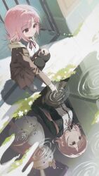 1girl absurdres black_jacket bow breasts brown_jacket brown_skirt chama_(chacoc0) danganronpa_(series) danganronpa_2:_goodbye_despair danganronpa_3_(anime) diaper different_reflection ear_bow galaga highres hope&#039;s_peak_academy_school_uniform jacket large_breasts long_sleeves medium_hair monomi_(danganronpa) nanami_chiaki neck_ribbon open_clothes open_jacket pink_hair rain red_ribbon reflection ribbon school_uniform skirt squatting standing water
