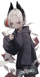 Rule 34 | 1girl, :/, absurdres, alternate costume, arknights, bag, bags under eyes, beudelb, black bag, black hoodie, black horns, black shorts, black undershirt, book, closed eyes, commentary, commission, dark-skinned female, dark skin, earrings, flower, grey background, grey hair, hand up, handbag, highres, holding, hood, hood down, hoodie, horns, jewelry, long sleeves, open book, pixiv commission, raidian (arknights), red flower, short hair, short shorts, shorts, simple background, sleeves past wrists, solo