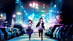 1boy 1girl alexander_sterling black_hair black_pants car city city_lights commentary_request dress kazuaki looking_at_viewer motor_vehicle non-web_source pants raven_madison running shirt shoes short_hair skirt smile source_request sweater tagme third-party_edit vampire_kisses