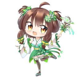 1girl ahoge bow breasts brown_hair brown_thighhighs character_request chibi clover_hair_ornament commentary_request cube detached_sleeves four-leaf_clover_hair_ornament full_body green_skirt grey_sandals hair_bow hair_ornament hair_rings hair_scrunchie holding holding_wand hop_step_jumpers large_breasts leaf_hair_ornament lets0020 looking_at_viewer medium_hair nontraditional_miko okobo open_mouth platform_sandals sandals scrunchie shirt sidelocks simple_background skirt sleeveless sleeveless_shirt smile solo thighhighs transparent_background v-shaped_eyebrows wand white_shirt white_sleeves yellow_bow