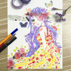 Rule 34 | 1girl, abstract, art tools in frame, bare shoulders, belt bow, blush, bow, breasts, bug, butterfly, cathinthecloud, commentary, dress, english commentary, flower, flower wreath, from side, insect, long hair, looking at viewer, looking back, masking tape (medium), medium breasts, medium dress, mixed media, one eye covered, open mouth, original, pen (medium), photo (medium), pink flower, pink rose, purple hair, red bow, rose, shoulder blush, sleeveless, sleeveless dress, solo, teeth, traditional media, unconventional media, upper teeth only, washi tape (object), white background, yellow dress, yellow eyes