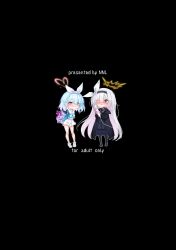 2girls :q absurdres arms_behind_back arona_(blue_archive) black_background black_choker black_coat black_pantyhose black_sailor_collar black_serafuku black_shoes black_skirt blue_archive blue_eyes blue_hair blue_pupils blue_shirt blush bow bowtie box chibi chibi_only choker circle_name closed_mouth coat colored_inner_hair comiket_104 dildo distorted_halo embarrassed english_text eyes_visible_through_hair full_body grey_eyes hair_over_one_eye halo hands_up heart heart-shaped_pupils heart_halo highres holding holding_box holding_sex_toy loafers long_bangs long_hair long_sleeves looking_at_another looking_at_object medium_hair meri-san miniskirt multicolored_hair multiple_girls naughty_face neckerchief nose_blush open_clothes open_coat open_mouth outline pantyhose pink_hair pink_halo plana_(blue_archive) pleated_skirt red_pupils sailor_collar school_uniform serafuku sex_toy shirt shoes simple_background skirt smile standing symbol-shaped_pupils tongue tongue_out trembling two-tone_hair very_long_hair vibrator white_bow white_bowtie white_choker white_hair white_neckerchief white_outline white_sailor_collar white_shoes white_skirt wide_sleeves yellow_halo