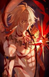 1boy abs armlet armor black_coat blonde_hair braid breaking character_name chest_tattoo clawed_gauntlets coat commentary crystal earrings facial_tattoo gold_earrings gold_necklace gradient_hair hair_between_eyes highres honkai:_star_rail honkai_(series) jewelry liquid_gold looking_at_viewer male_focus medium_hair multicolored_hair mydei_(honkai:_star_rail) necklace open_clothes pauldrons red_hair red_tattoo shoulder_armor side_braid single_pauldron solo tattoo toned toned_male tubakkkki65 upper_body yellow_eyes