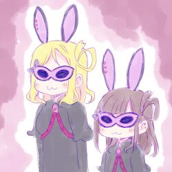 2girls 3: black_hair blonde_hair height_difference love_live! love_live!_sunshine!! mask masquerade_mask medium_hair multiple_girls nekokun ohara_mari rabbit_ears simple_background standing suzuki_aina_(voice_actor)