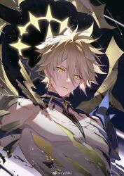 Rule 34 | 1boy, alternate form, bare pectorals, black shirt, blonde hair, commentary, cracked skin, eyokiki, hair between eyes, halo, halo behind head, highres, honkai: star rail, honkai (series), looking at viewer, male focus, material growth, missing limb, pectorals, phainon (honkai: star rail), phainon (khaslana) (honkai: star rail), shirt, short hair, solo, torn clothes, torn shirt, upper body, watermark, weibo watermark, yellow blood, yellow eyes