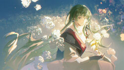 1other androgynous arabian_clothes black_gloves cangchen enkidu_(fate) enkidu_(fgo_fes._2025)_(fate) fate/grand_order fate_(series) gloves green_eyes green_hair highres long_hair robe sitting smile toga white_robe