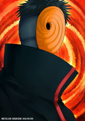 1boy akatsuki_uniform artist_name black_hair dated k-suwabe male_focus mask naruto_(series) naruto_shippuuden ninja orange_background short_hair solo spiked_hair tobi_(naruto) uchiha_obito upper_body