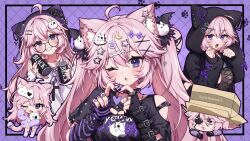 1girl absurdres ahoge animal_ear_fluff animal_ears black_choker black_gloves black_hoodie black_shirt box can cardboard_box cardigan cat_ears cat_tail chibi choker clothing_cutout commission eyepatch fake_animal_ears fingerless_gloves glasses gloves grin hair_ornament highres holding holding_can hood hoodie ichiko_1234 long_hair long_sleeves looking_at_viewer lying multiple_views nyatasha_nyanners on_stomach one_eye_closed open_cardigan open_clothes open_mouth pajamas parted_lips pink_hair purple_cardigan purple_eyes round_eyewear shirt shoulder_cutout smile snake_box_sneak stuffed_toy tail twintails vgen_commission virtual_youtuber vshojo white_shirt