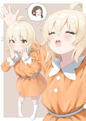 2girls aged_down ahoge blonde_hair blush brown_eyes brown_hair chibi chibi_inset child closed_eyes dress flying_sweatdrops highres kawamoto_misato love_live! love_live!_nijigasaki_high_school_idol_club low_side_ponytail medium_hair miyashita_ai multiple_girls multiple_views open_mouth orange_dress smile socks sparkle white_socks yuu_(shampoohatslime)