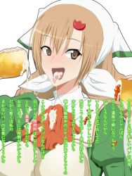 10s 1girl :d bread breasts brown_eyes brown_hair cum cum_in_mouth cum_on_clothes cum_on_food cum_on_tongue cum_string eating female_focus food hair_ornament headscarf jam juliet_sleeves large_breasts long_hair long_sleeves looking_at_viewer manaflare_amil open_mouth puffy_sleeves sega sexually_suggestive shining_(series) shining_hearts simple_background smile solo sutekisuteki tongue tongue_out translation_request twintails upper_body wall_of_text white_background