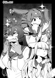 3girls animal_ears artist_name black_border border cat_ears cat_girl cat_tail confused drill_hair fox_ears fox_girl fox_tail furrification furry furry_female guagua977 hanabishi_haruka heart highres long_hair mahou_shoujo_ni_akogarete minakami_sayo monochrome multiple_girls rabbit_ears rabbit_girl rabbit_tail school_uniform simple_background sparkle tail tenkawa_kaoruko