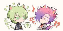 Rule 34 | 2boys, ahoge, animal ears, armor, black armor, black cape, cape, cat boy, cat ears, cat tail, chest belt, collared shirt, commentary request, cropped torso, curtained hair, eye contact, fire emblem, fire emblem: three houses, fire emblem warriors: three hopes, gorget, green eyes, green hair, hair over one eye, high collar, kemonomimi mode, kuhaha, looking at another, male byleth (enlightened) (fire emblem), male byleth (fire emblem), male focus, male shez (fire emblem), multiple boys, nintendo, no mouth, one eye covered, orange eyes, parted hair, parted lips, purple hair, shirt, surprised, tail, teeth, wide-eyed