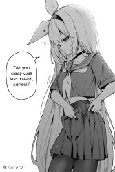 Rule 34 | 1girl, absurdres, blue archive, choker, clover dot (clov erd), cowboy shot, cropped shirt, english text, from side, greyscale, hairband, highres, long hair, monochrome, neckerchief, pantyhose, plana (blue archive), pleated skirt, sailor collar, shirt, short sleeves, simple background, skirt, solo, very long hair, white background