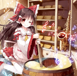 1girl ;q album_cover apron ascot barrel beamed_quavers blush bow breasts brown_hair cheese cheese_wheel commentary_request cover crotchet_rest detached_sleeves female_focus flat_sign food hair_bow hair_tubes hakurei_reimu indoors instrument knees_together_feet_apart licking_lips long_hair looking_at_viewer miyase_mahiro musical_note one_eye_closed quaver red_eyes ribbon-trimmed_sleeves ribbon_trim saxophone sharp_sign shelf smile solo musical_staff stirring thighhighs tongue tongue_out touhou treble_clef