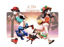 1boy 1girl backpack bag black_hair blue_shirt braid bucket_hat copyright_name elio_(pokemon) flower game_freak gen_7_pokemon grin hair_flower hair_ornament handbag hat highres litten long_hair miu_(miuuu_721) nintendo open_mouth orange_shirt pokemon pokemon_(creature) pokemon_usum popplio red_hat rowlet selene_(pokemon) selene_(pokemon_usum) shirt short_hair shorts smile starter_pokemon_trio sun_hat tank_top twin_braids white_shorts you_(pokemon_usum) z-ring