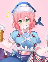 1girl alcohol apron beer beer_mug blue_apron blue_dress breasts cup dress foam green_eyes highres large_breasts looking_at_viewer majime_joe mug okunoda_miyoi pink_background pink_hair smile solo touhou whale_hat