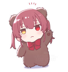 Rule 34 | 1girl, a-ka, animal costume, arm up, bear costume, chibi, full body, heterochromia, hololive, houshou kumarine, houshou marine, red eyes, red hair, simple background, solo, twintails, virtual youtuber, waving, white background, yellow eyes