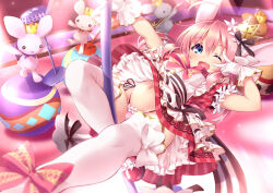;d ahoge animal_ears ankle_bow ankle_ribbon ball black_ribbon blue_eyes bow creature crown dress emil_chronicle_online flower flower_trim frilled_gloves frills g-string gloves gold_trim hair_between_eyes hair_flower hair_ornament hair_ribbon heart heart_in_mouth highleg highleg_panties inou_shin layered_dress leg_ribbon looking_at_viewer medium_hair midriff minnie_doe_alma navel one_eye_closed open_mouth panties pantyshot patterned_clothing pink_bow pink_hair pink_panties pole rabbit_ears red_dress ribbon short_sleeves side-tie_panties smile striped_clothes striped_dress stripper stripper_pole thighhighs thong tongue underwear upskirt v white_bow white_flower white_gloves white_thighhighs