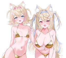 2girls :3 :d absurdres alternate_costume animal_ear_fluff animal_ears bandaid bandaid_hair_ornament bikini blonde_hair blue_eyes blue_hair blue_hairband breasts cleavage commentary cowboy_shot crossed_bangs dog_ears dog_girl dog_tail double-parted_bangs english_commentary fang fangs flat_chest fuwawa_abyssgard gold_bikini golden_week hair_between_eyes hair_intakes hair_ornament hairband hairclip halterneck highres hololive hololive_english horn_hairband large_breasts long_hair looking_at_viewer mococo_abyssgard multicolored_hair multiple_girls navel open_mouth pink_eyes pink_hair pink_hairband ri_nyahn short_hair siblings simple_background sisters skin_fang skin_fangs smile stomach straight-on strap_pull streaked_hair string_bikini swimsuit tail thigh_gap twins two_side_up virtual_youtuber white_background x_hair_ornament