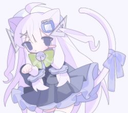 1girl :o ahoge animal_ears bad_id bad_twitter_id bell beret black_jacket black_skirt blazer blue_eyes bow cat_ears cat_girl cat_tail flower fpwrs green_bow hair_flower hair_ornament hand_up hat highres jacket jingle_bell long_hair looking_at_viewer neck_bell original paw_pose pleated_skirt purple_hair purple_ribbon ribbon ruler skirt solo standing tail tail_ornament tail_ribbon two_side_up white_hat x_hair_ornament