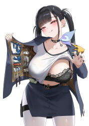 Rule 34 | 1girl, :q, absurdres, belt, black belt, black bra, black choker, black hair, blue jacket, blue skirt, blunt bangs, blush, bra, bra visible through clothes, breasts, choker, clothes lift, cowboy shot, goddess of victory: nikke, half-closed eyes, head tilt, highres, huge breasts, jacket, lace, lace bra, large breasts, leaning forward, long hair, looking at viewer, mole, mole under eye, open clothes, open jacket, opened by self, pantyhose, pencil skirt, red eyes, s redbutterfly, shirt, shirt lift, simple background, skirt, smile, solo, sora (nikke), thigh strap, tongue, tongue out, twintails, underwear, white background, white pantyhose, white shirt
