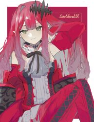 1girl arm_behind_head baobhan_sith_(fate) baobhan_sith_(first_ascension)_(fate) bare_shoulders boots bow breasts character_name closed_mouth detached_collar detached_sleeves dress fate/grand_order fate_(series) frilled_dress frills grey_eyes hair_ornament highres long_hair looking_at_viewer multicolored_hair pointy_ears red_dress red_hair red_thighhighs rurubusandayo sidelocks sitting solo thigh_boots thighhighs