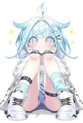 1girl absurdres black_choker blue_eyes blue_hair blue_shirt blue_shorts blue_socks blush choker closed_mouth commentary_request hair_ornament hairclip hands_on_own_cheeks hands_on_own_face highres hololive hololive_dev_is jacket knee_strap knees_up lightning_ahoge long_sleeves looking_at_viewer mizumiya_su multicolored_hair navel o-ring o-ring_choker open_clothes open_jacket panties panty_peek pink_hair pink_panties revision shirt shoes shorts sitting smile sneakers socks solo streaked_hair syam_illust thigh_strap two-tone_hair underwear virtual_youtuber white_background white_jacket white_shoes