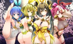 4girls az_(colorb05) bare_shoulders blonde_hair blue_hair breasts brown_hair cameltoe cherry_blossoms cleavage cowboy_shot double_bun duel_monster from_behind group_picture ha-re_the_sword_mikanko hair_bun highres hu-li_the_jewel_mikanko large_breasts leotard long_hair missing_commentary multiple_girls ni-ni_the_mirror_mikanko ohime_the_manifested_mikanko pink_hair pout see-through_cleavage see-through_clothes short_hair split standing standing_on_one_leg standing_split white_leotard yellow_leotard yu-gi-oh!
