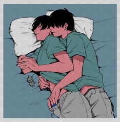 2boys bed black_hair black_male_underwear blue_male_underwear border closed_eyes clothes_lift commentary_request covered_eyes film_grain fingernails green_shirt grey_pants hand_in_another&#039;s_pants hand_on_another&#039;s_chest hand_under_pillow highres lying male_focus male_underwear memai_miminari midriff multiple_boys on_side original pants parted_lips pillow shirt shirt_lift short_hair short_sleeves smile spooning sweatpants underwear white_border yaoi