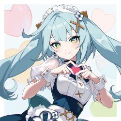 1girl absurdres apron aqua_hair aqua_pupils blue_nails closed_mouth commentary_request faruzan_(genshin_cafe_in_seoul)_(genshin_impact) faruzan_(genshin_impact) genshin_impact green_eyes hair_ornament hands_up heart heart_hands highres long_hair looking_at_viewer maid maid_apron maid_headdress nail_polish official_alternate_costume puffy_short_sleeves puffy_sleeves shali short_sleeves smile solo symbol-shaped_pupils triangle-shaped_pupils twintails upper_body waist_apron white_apron white_wrist_cuffs wrist_cuffs x_hair_ornament
