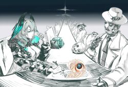 Rule 34 | 1boy, 1girl, absurdres, aqua eyes, aqua feathers, aqua nails, aqua wings, arknights, between breasts, black feathers, black wings, breasts, closed mouth, coat, collared shirt, dress, expressionless, eyeball, facial hair, feathered wings, feathers, fedora, fingerless gloves, fingernails, fork, formal clothes, friston (arknights), gloves, grey hair, hair between eyes, hat, head wings, headless, highres, ho&#039;olheyak (arknights), holding, holding fork, holding smoking pipe, hood, hooded coat, humanoid robot, jacket, large breasts, long fingernails, long sleeves, looking at another, medium hair, multicolored coat, mustache, necktie, open clothes, open coat, open jacket, plate, robot, shirt, sidelocks, smoking pipe, spot color, strap between breasts, striped clothes, suit, table, tin man (arknights), two-tone coat, two-tone feathers, two-tone wings, upper body, vertical-striped clothes, vertical-striped necktie, weibo 6636859565, white dress, white gloves, wings