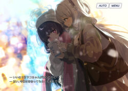2girls alternate_costume beanie black_bag black_hair blue_archive blue_eyes blue_halo blunt_bangs blurry blurry_background bow bright_pupils brown_coat coat cup disposable_coffee_cup disposable_cup enpera green_scarf grey_halo hair_bow halo hat highres holding holding_cup kaine_(gupisgood) long_hair long_sleeves miyako_(blue_archive) miyu_(blue_archive) multiple_girls open_mouth pink_scarf plaid_clothes plaid_scarf pom_pom_(clothes) pom_pom_beanie purple_bow red_eyes ribbed_sweater scarf sleeves_past_wrists smile snowing steepled_fingers sweater upper_body white_hair white_hat white_pupils white_sweater