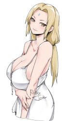 1girl arm_under_breasts artist_name blonde_hair breasts cleavage closed_mouth collarbone cropped_torso dress facial_mark forehead forehead_mark from_side hair_intakes huge_breasts looking_at_viewer low_ponytail mature_female naruto_(classic) naruto_(series) ponytail relaxjon revision simple_background smile solo tsunade_(naruto) white_background white_dress yellow_eyes