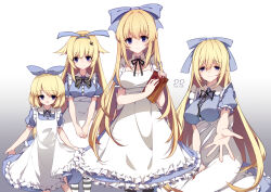 4girls alice_(black_souls) apron artist_name black_bow black_ribbon black_souls black_souls_2 blonde_hair blue_bow blue_dress blue_hairband book bow breasts buttons cleavage closed_mouth collar collared_dress collared_shirt daughter_alice_(black_souls) dress flat_chest frilled_apron frilled_dress frilled_sleeves frills gradient_background grey_background hair_flaps hair_ornament hair_over_eyes hairband hairclip holding holding_book horizontal-striped_socks large_breasts legs_apart light_blush looking_at_viewer medium_breasts mother_alice_(black_souls) multiple_girls open_mouth puffy_short_sleeves puffy_sleeves pupa_jiang purple_eyes purple_pupils rabbit_hair_ornament ribbon seiza shirt short_sleeves signature sister_alice_(black_souls) sitting skirt_hold smile socks striped_clothes striped_socks waist_apron white_background white_collar