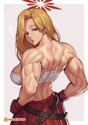 Rule 34 | 1girl, abs, absurdres, akemi (blue archive), biceps, blonde hair, blue archive, breasts, chest sarashi, crossed belts, delinquent, fingerless gloves, fluffy hair, gloves, halo, highres, large breasts, long hair, looking at viewer, mole, mole under eye, muscular, muscular female, navel, red gloves, red halo, red skirt, sarashi, simple background, skirt, solo, speedl00ver, sukeban, white background