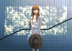 Rule 34 | 1girl, brown eyes, brown hair, choppy bangs, closed mouth, dappled sunlight, dress, hat, highres, holding, holding unworn clothes, holding unworn hat, light smile, long hair, looking at viewer, oyasumi punpun, short sleeves, solo, standing, straw hat, sunlight, tanaka aiko, thick eyebrows, tile wall, tiles, unworn hat, unworn headwear, white dress, yuiai