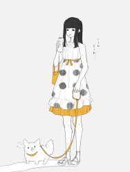 Rule 34 | 1girl, alternate costume, black eyes, black hair, blunt bangs, dog, dress, gnosia, hair between eyes, hairband, highres, hime cut, long hair, looking at viewer, mutou ieneko, partially colored, simple background, solo, straight hair, white dress, yuriko (gnosia)