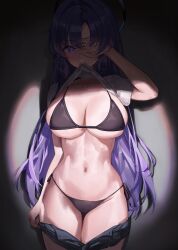 1girl absurdres bikini black_bikini black_shorts blue_archive breasts clothes_in_mouth clothes_lift clothes_pull commentary_request halo hido88 highres large_breasts lifting_own_clothes long_hair mechanical_halo navel one_eye_closed purple_eyes purple_hair shirt_lift shorts shorts_pull solo spotlight stomach swimsuit thighs very_long_hair yuuka_(blue_archive)