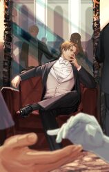 1girl 2boys ahoge america_(hetalia) arm_behind_back axis_powers_hetalia back black_jacket black_pants black_shoes black_socks blonde_hair blue_eyes bow bowtie brown_hair buttons closed_mouth collared_shirt crossed_legs dress elbow_gloves fingernails formal_clothes gloves green_eyes hallway hand_on_own_face hand_up highres indoors jacket jealous lapels lips long_hair long_sleeves looking_at_another mirror multiple_boys on_chair open_clothes open_jacket pants reflection shirt shoes short_hair sitting smile socks standing suit suit_jacket teeth united_kingdom_(hetalia) vest white_bow white_bowtie white_dress white_gloves white_shirt white_vest zhongerweiyuan
