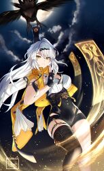 1girl absurdres asymmetrical_gloves bird black_bird black_gloves black_shorts black_thighhighs breasts closed_eyes cowboy_shot fingerless_gloves floating_hair gloves high-waist_shorts highres jacket large_breasts long_hair night ofuda open_clothes open_jacket shorts single_thighhigh thighhighs uneven_gloves vest white_hair whyte_srsn yellow_eyes yellow_jacket yellow_vest yi_xuan_(zenless_zone_zero) yin_yang_pin zenless_zone_zero