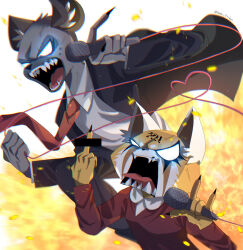 1boy 1girl aggressive_retsuko angry artist_name bar_censor black_suit censored clenched_hand couple explosion fangs formal_clothes furious furry furry_female furry_male glowing glowing_eyes haida_(aggretsuko) heart highres holding holding_microphone long_sleeves microphone middle_finger music necktie retsuko shirt singing suit under_etchan white_shirt